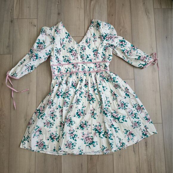 Stock Place The Label Floral 3/4 Sleeves V-Neck Fit Flare Dress Women Sz L - Picture 10 of 12